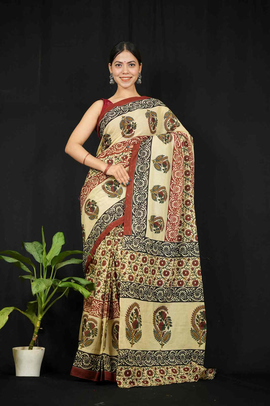 Mul Mul Cotton Kalamkari Hand Printed With  Contrast Border Ready to Wear Saree