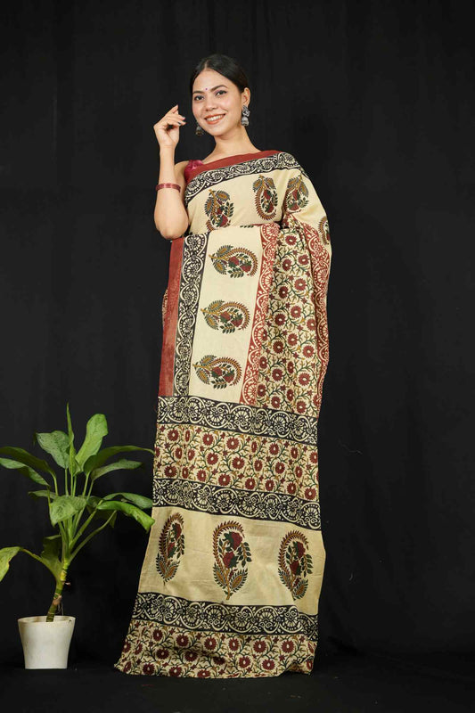 Mul Mul Cotton Kalamkari Hand Printed With  Contrast Border Ready to Wear Saree