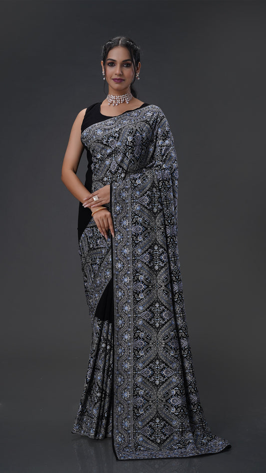 Elegant Black Georgette Saree Adorned with Sparkling Stones