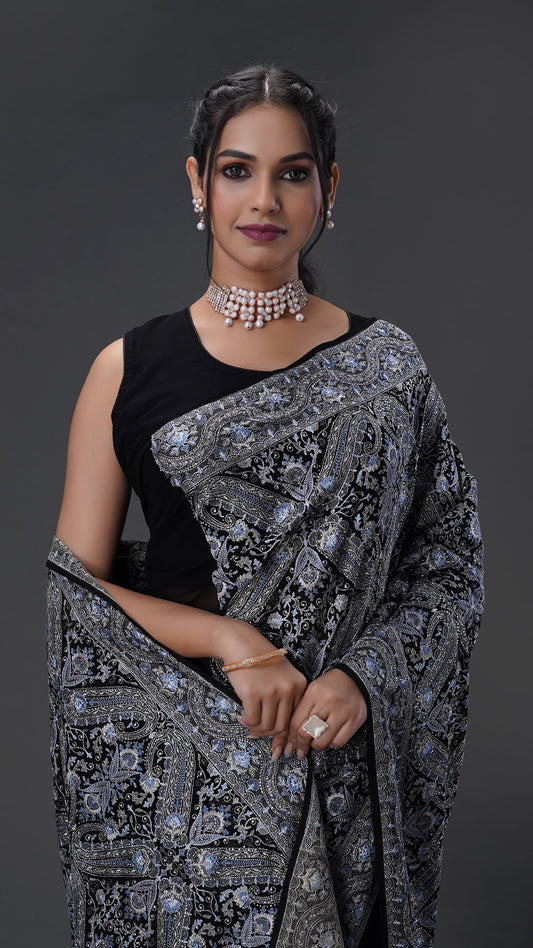 Elegant Black Georgette Saree Adorned with Sparkling Stones