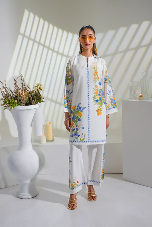 Sunset Bloom – Orange & Aqua Botanical 2-Piece Kurti Set