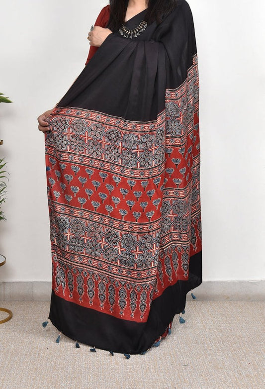 Black Plain - Ajrakh Modal Silk Premium Saree