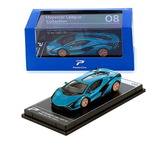 PosterCars 1:64 H08 – Lamborghini Sián FKP 37 (Blu Uranus) with Acrylic Box | Hypercar League Collection