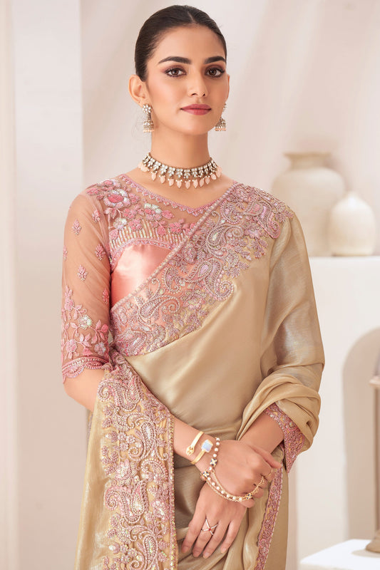 Golden Embroidered Chiffon Saree