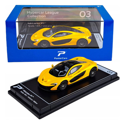 PosterCars H03 – McLaren P1 with Acrylic Box (Volcano Yellow) 1:64 Diecast Car Model