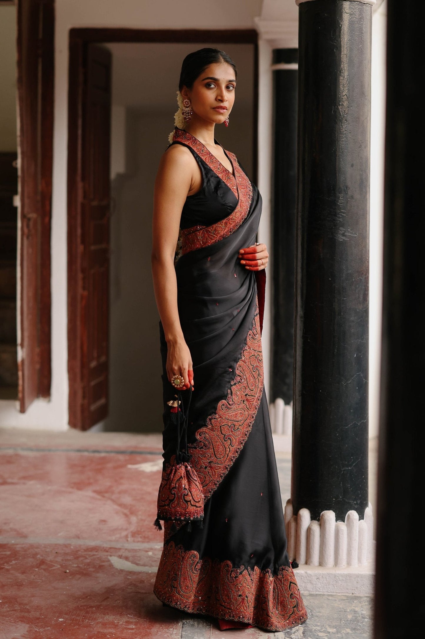 Black Hand Embroidered Paisley Saree