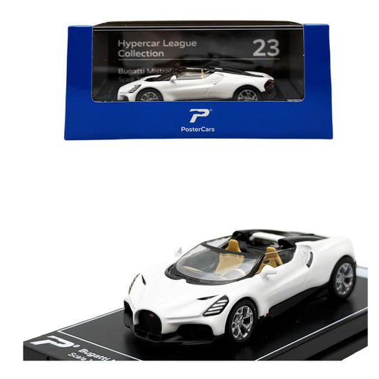 PosterCars 1:64 Bugatti Mistral – White – Acrylic Box | Hypercar League Collection #23