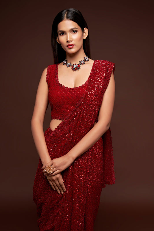 Red Georgette Sequin Saree