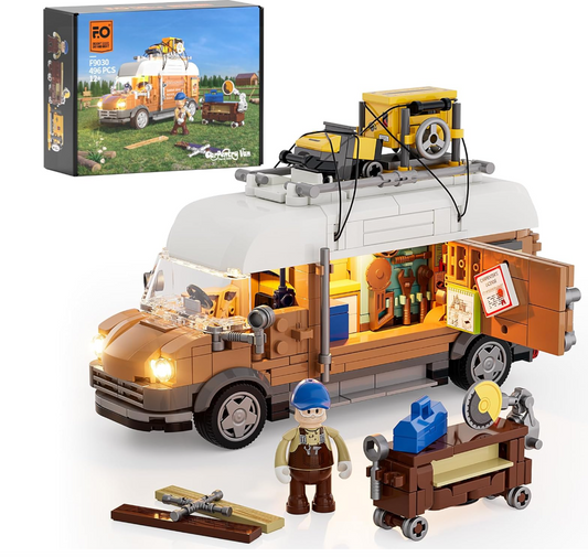 Carpentry Van Lighting Building-Bricks Set - Farm Woodworker Car Collectible Display Set 496 Pcs