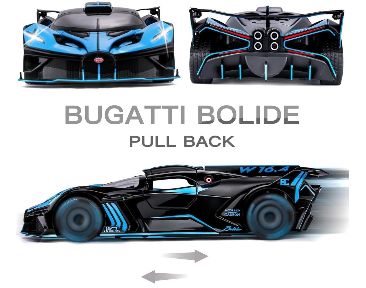 124 Diecast Bugatti Bolide Metal Pull Back Car with 6 Openable Doors & Sound Light Toy