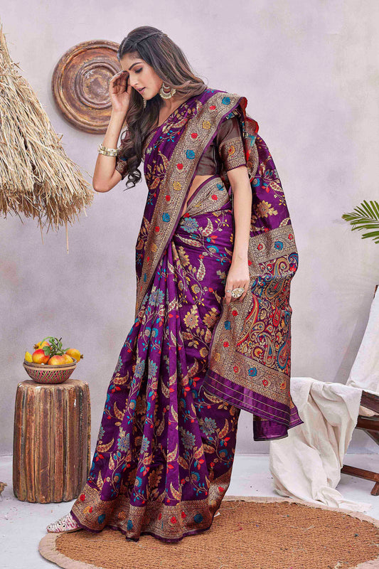 Floral Printed Woven Design Zari Pashmina Saree