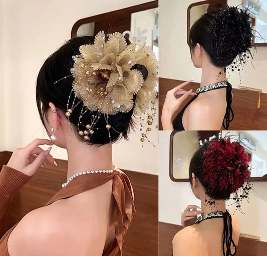 3pc Fluffy Peony Tassel Hair Clip – Elegant Volume Grab Clip