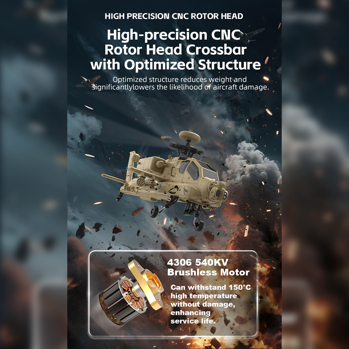 WOLFBUSH YUXIANG F11-N AH64 Apache 1/32 Scale RC Helicopter Model  - 2.4G 6CH Coaxial Dual Rotor 6G/3D with Optical Flow Altitude Hold (RTF Version/Desert Yellow)