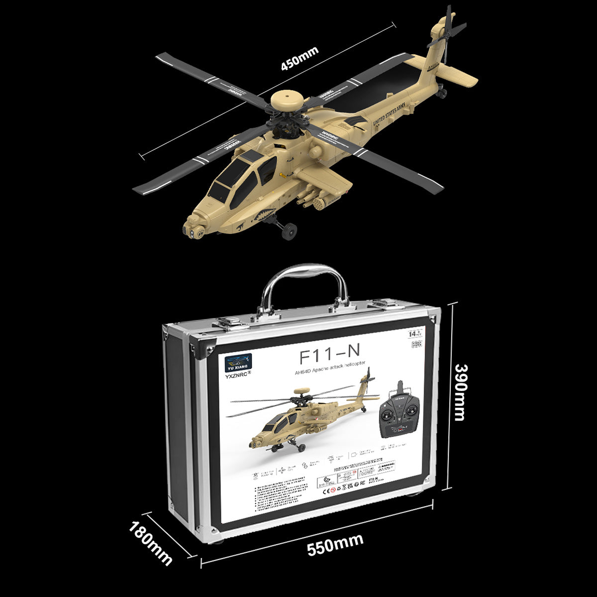 WOLFBUSH YUXIANG F11-N AH64 Apache 1/32 Scale RC Helicopter Model  - 2.4G 6CH Coaxial Dual Rotor 6G/3D with Optical Flow Altitude Hold (RTF Version/Desert Yellow)