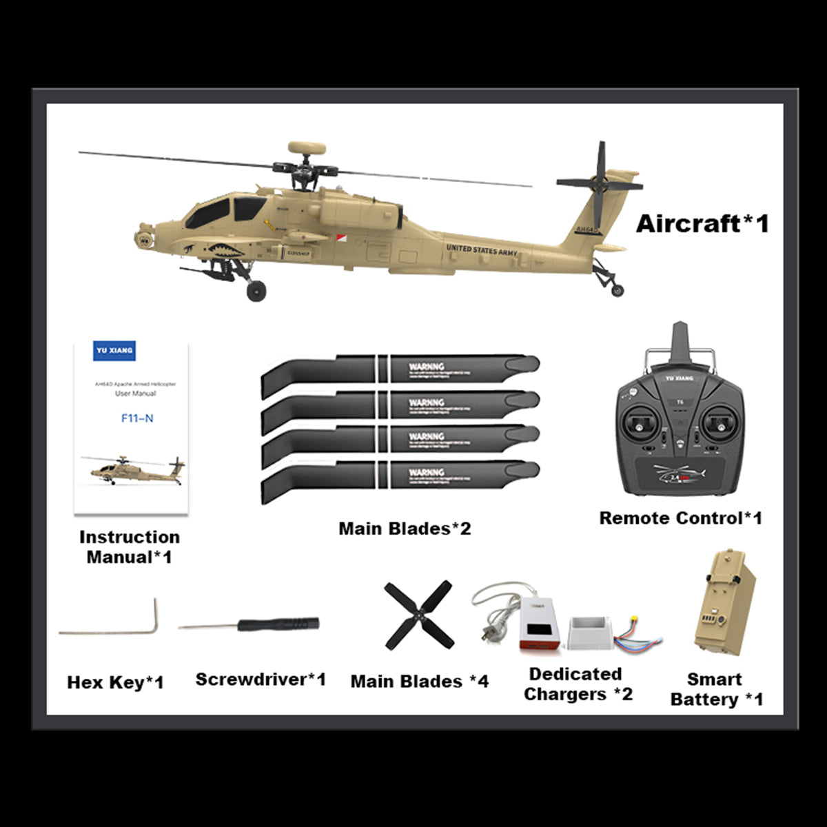 WOLFBUSH YUXIANG F11-N AH64 Apache 1/32 Scale RC Helicopter Model  - 2.4G 6CH Coaxial Dual Rotor 6G/3D with Optical Flow Altitude Hold (RTF Version/Desert Yellow)