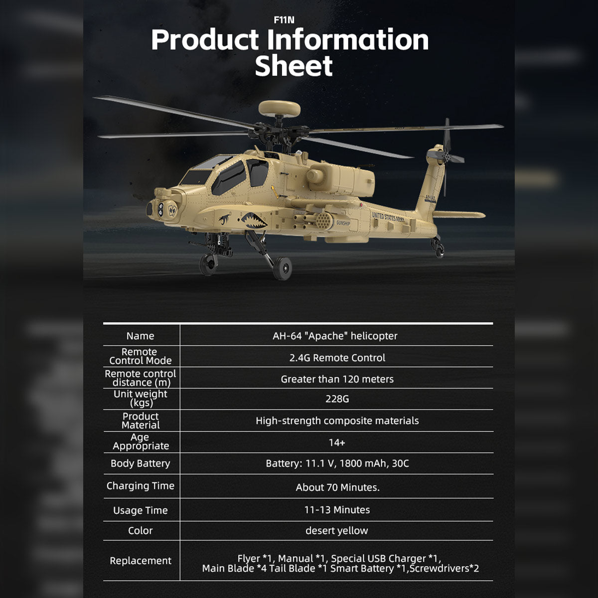 WOLFBUSH YUXIANG F11-N AH64 Apache 1/32 Scale RC Helicopter Model  - 2.4G 6CH Coaxial Dual Rotor 6G/3D with Optical Flow Altitude Hold (RTF Version/Desert Yellow)