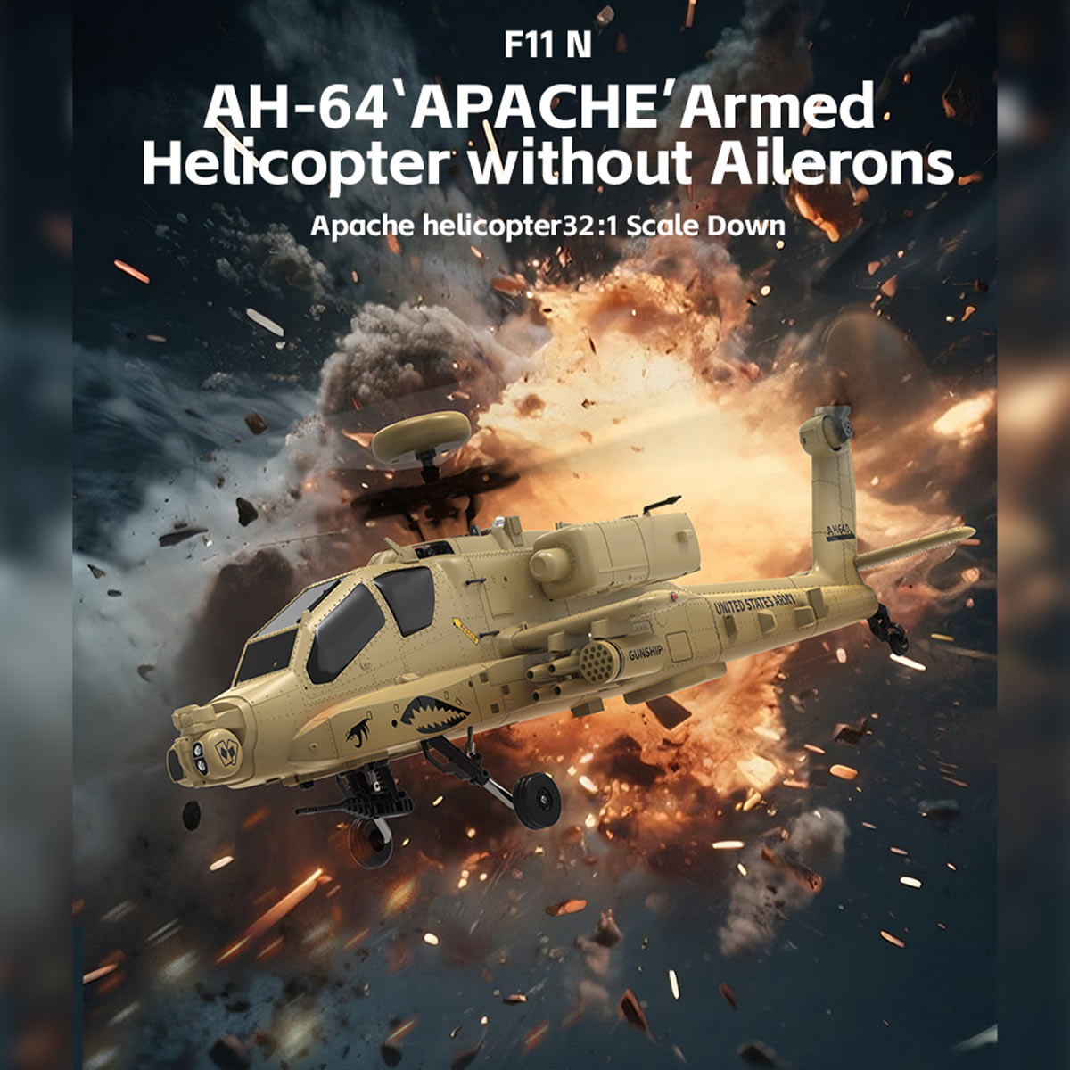 WOLFBUSH YUXIANG F11-N AH64 Apache 1/32 Scale RC Helicopter Model  - 2.4G 6CH Coaxial Dual Rotor 6G/3D with Optical Flow Altitude Hold (RTF Version/Desert Yellow)