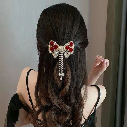 3 pc Bow & Roses Dangling Pearls Hair Clip