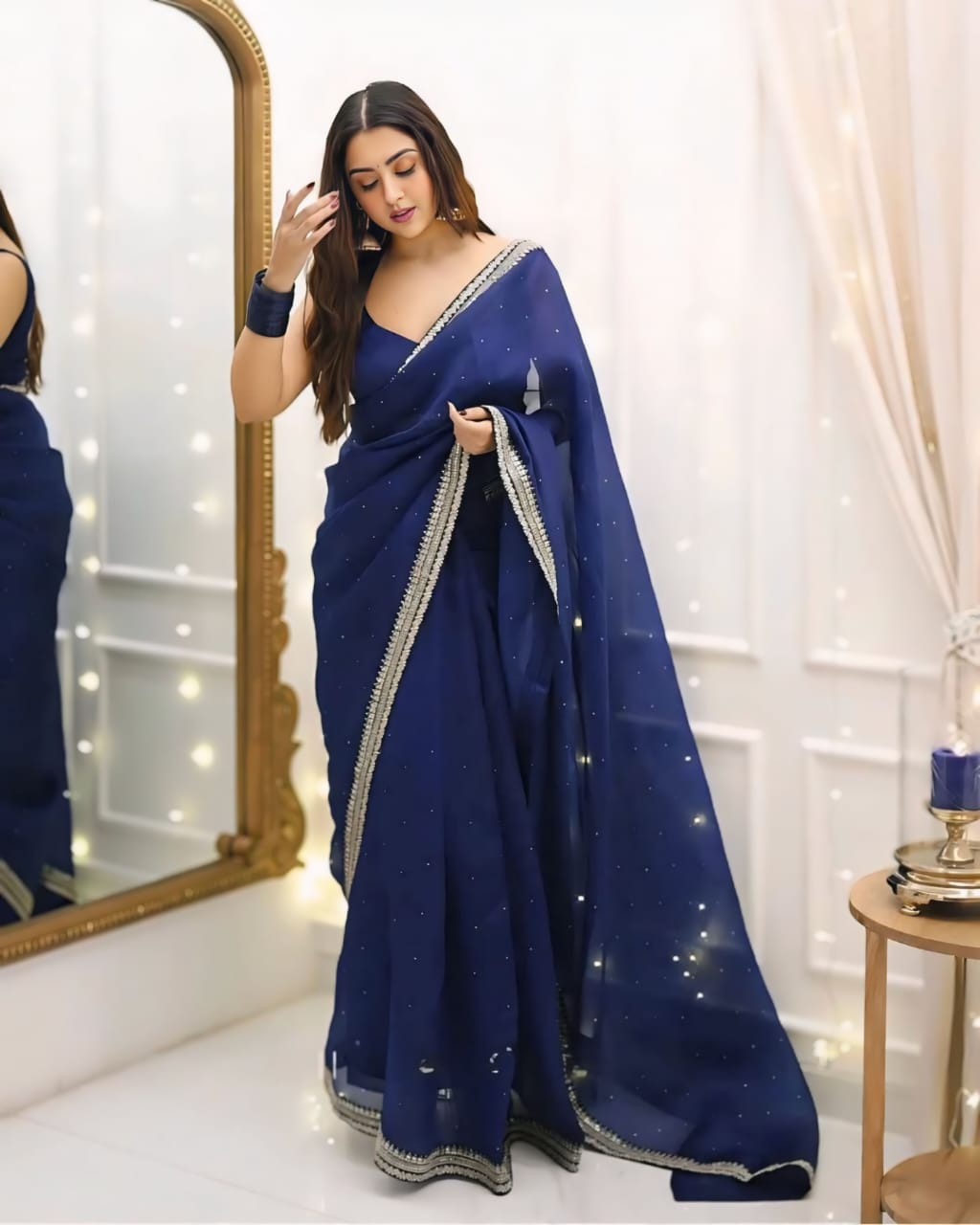 1 MIN READY TO WEAR PURE SOFT ORGANZA  SILK WITH BEAUTIFUL DIAMOND WORK