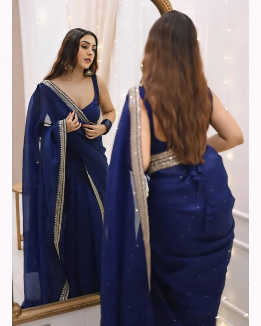 1 MIN READY TO WEAR PURE SOFT ORGANZA  SILK WITH BEAUTIFUL DIAMOND WORK