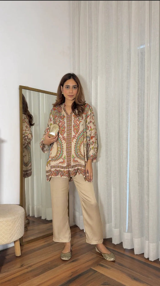 Beige Printed Crepe 2pc Set