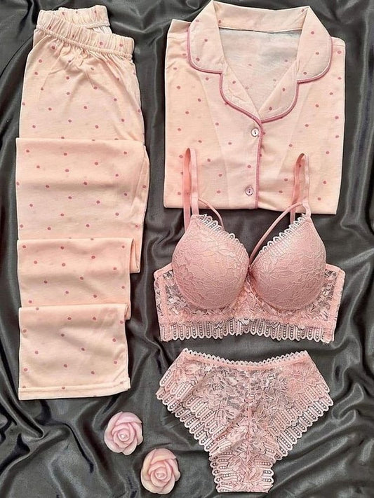 Orange Night Suit & Bra Penty Set Combo for Women's