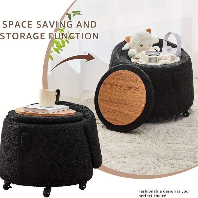 Modern Black Teddy Velvet Storage Ottoman with Backrest – 3.2 Cu Ft Hidden Storage