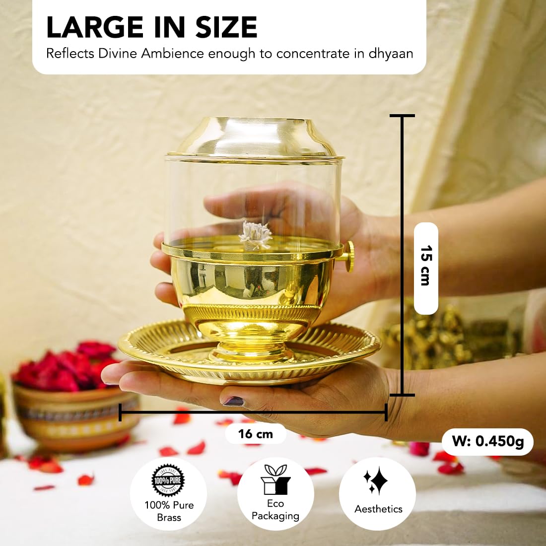 100% Pure Brass Akhand Jyot Diya - Adjustable Bati Screw | 250 ml | Gold