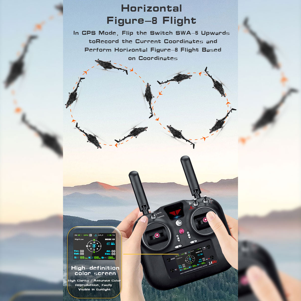 WOLFBUSH AW-911 Airwolf 1/34 Scale 2.4G 9CH Flybarless RC Helicopter Model with 6G/3D Stunt Mode and GPS Positioning (RTF Version/ Mode 1/Mode 2 Switchable)