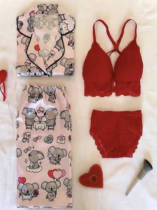 Red Night Suit & Bra Penty Set Combo for Women's