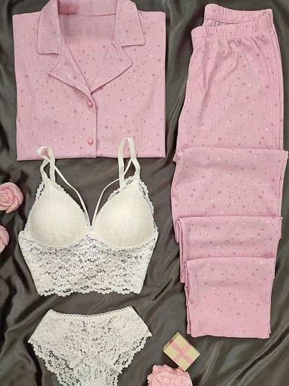 Pink Night Suit & Bra Penty Set Combo for Women's