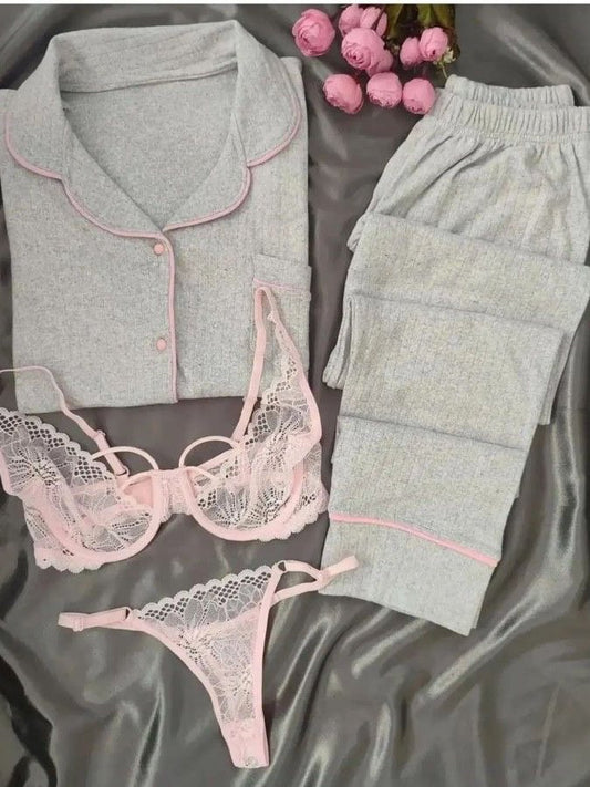 Grey Night Suit & Bra Penty Set Combo