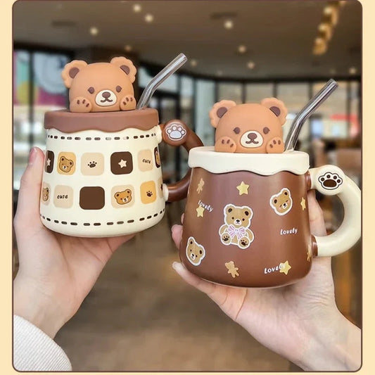 3D bear mug with lid and glass straw
