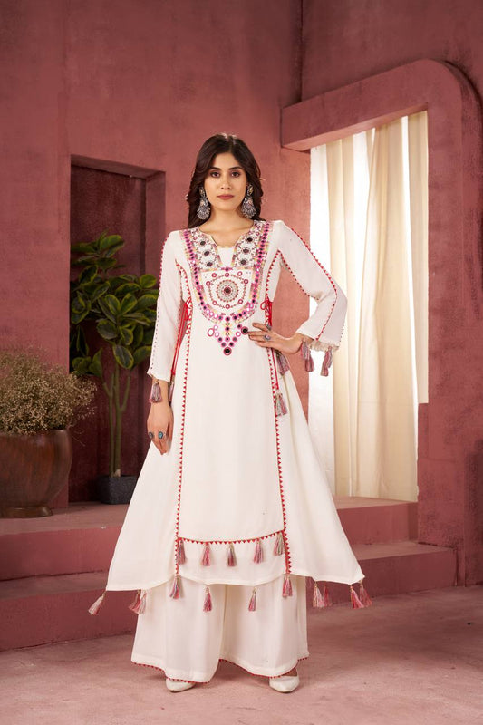Festive Ethnic Co-ord White Mirror Work Tassel Kurti Set Outfit