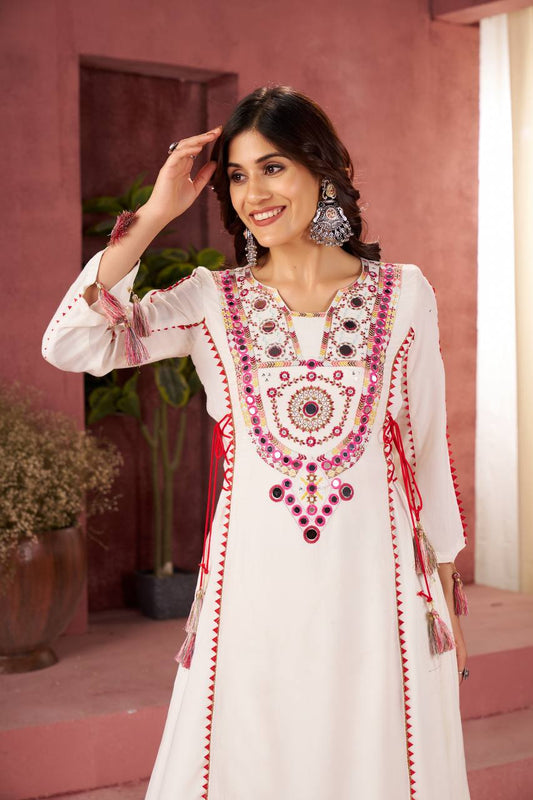 Festive Ethnic Co-ord White Mirror Work Tassel Kurti Set Outfit