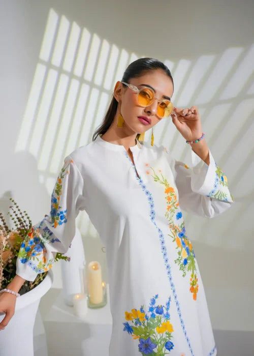 Sunset Bloom – Orange & Aqua Botanical 2-Piece Kurti Set