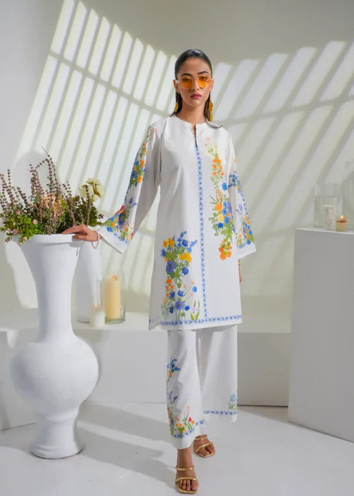 Sunset Bloom – Orange & Aqua Botanical 2-Piece Kurti Set