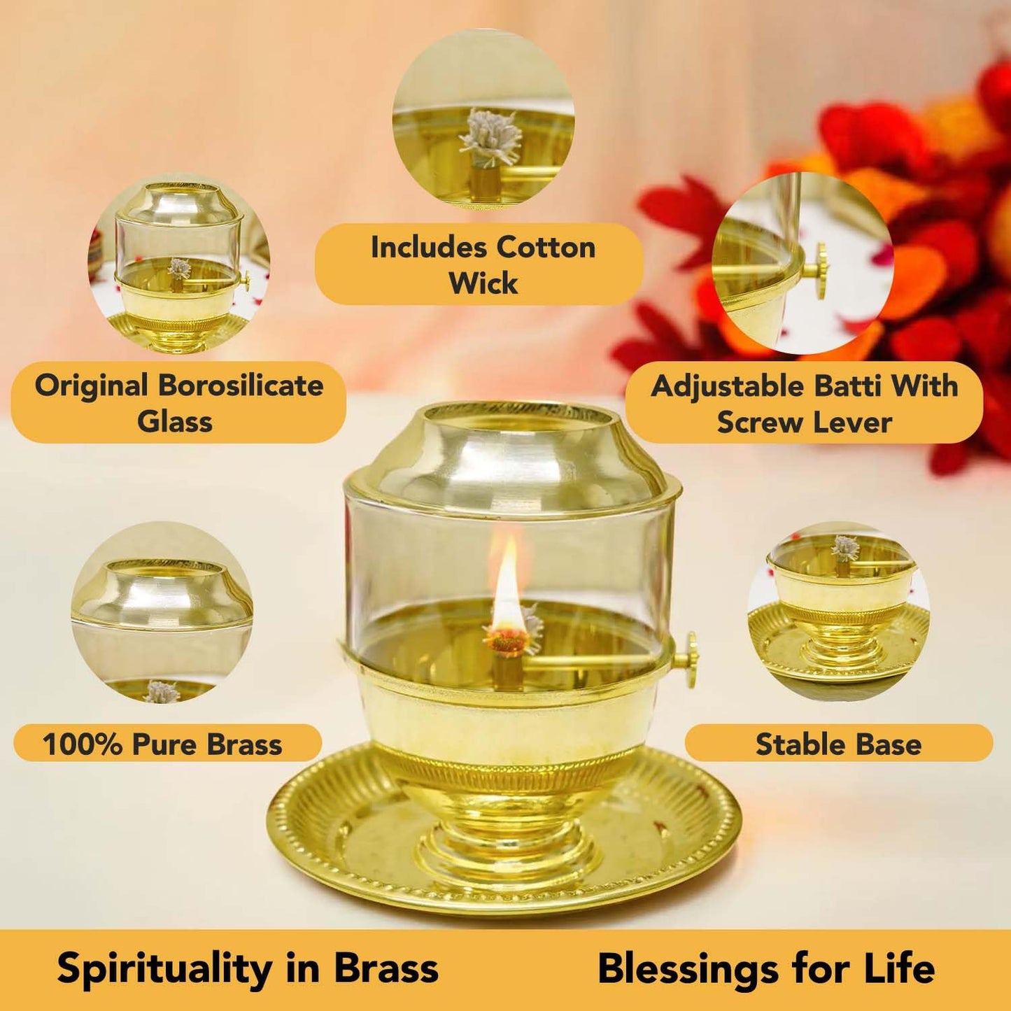 100% Pure Brass Akhand Jyot Diya - Adjustable Bati Screw | 250 ml | Gold