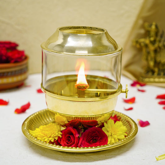 100% Pure Brass Akhand Jyot Diya - Adjustable Bati Screw | 250 ml | Gold