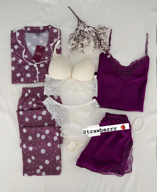 Purple Red Love Night Suit & Bra Penty Set Combo for Women's