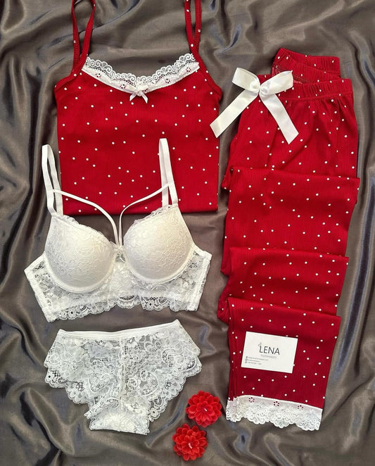 Red Lovely Night Suit & Bra Penty Set Combo for Women's